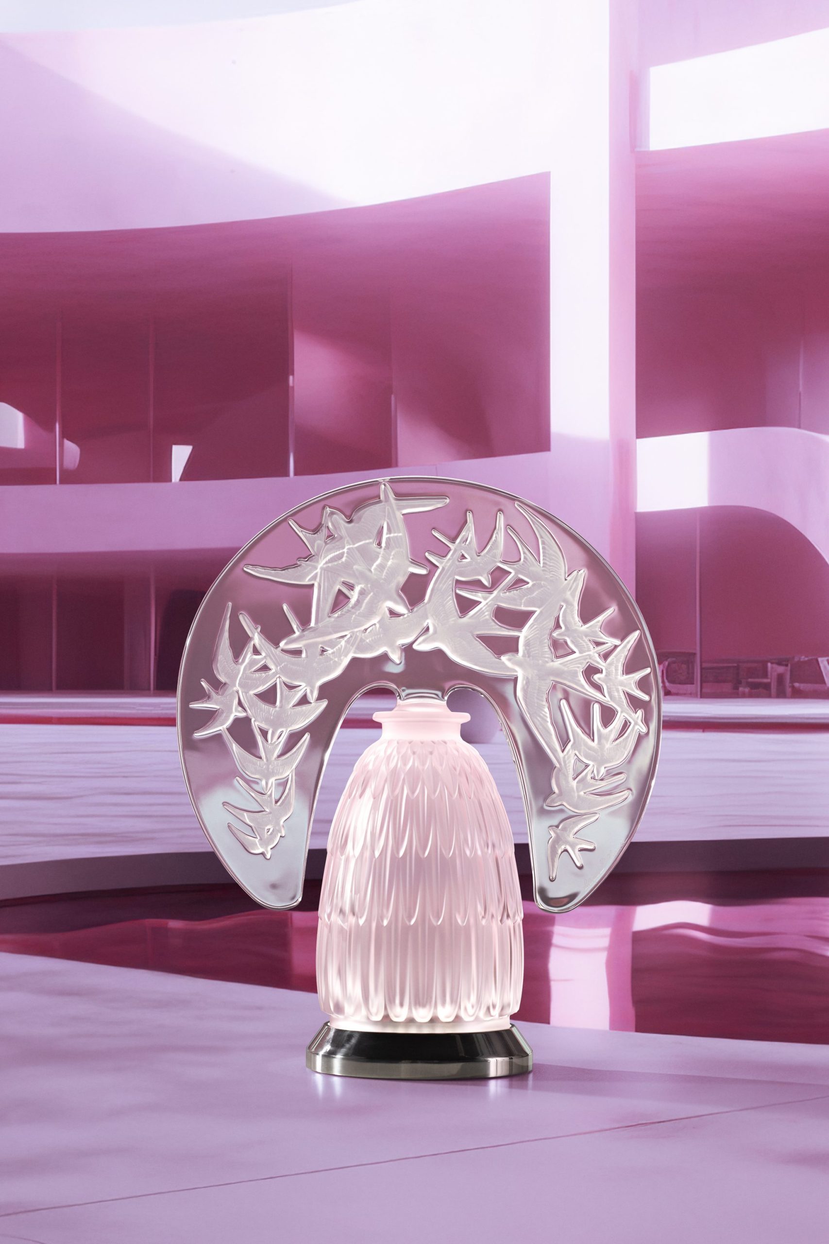 maison lalique iconics rose nebula hirondelles wireless lamp, clear and pink luster â©lalique sa