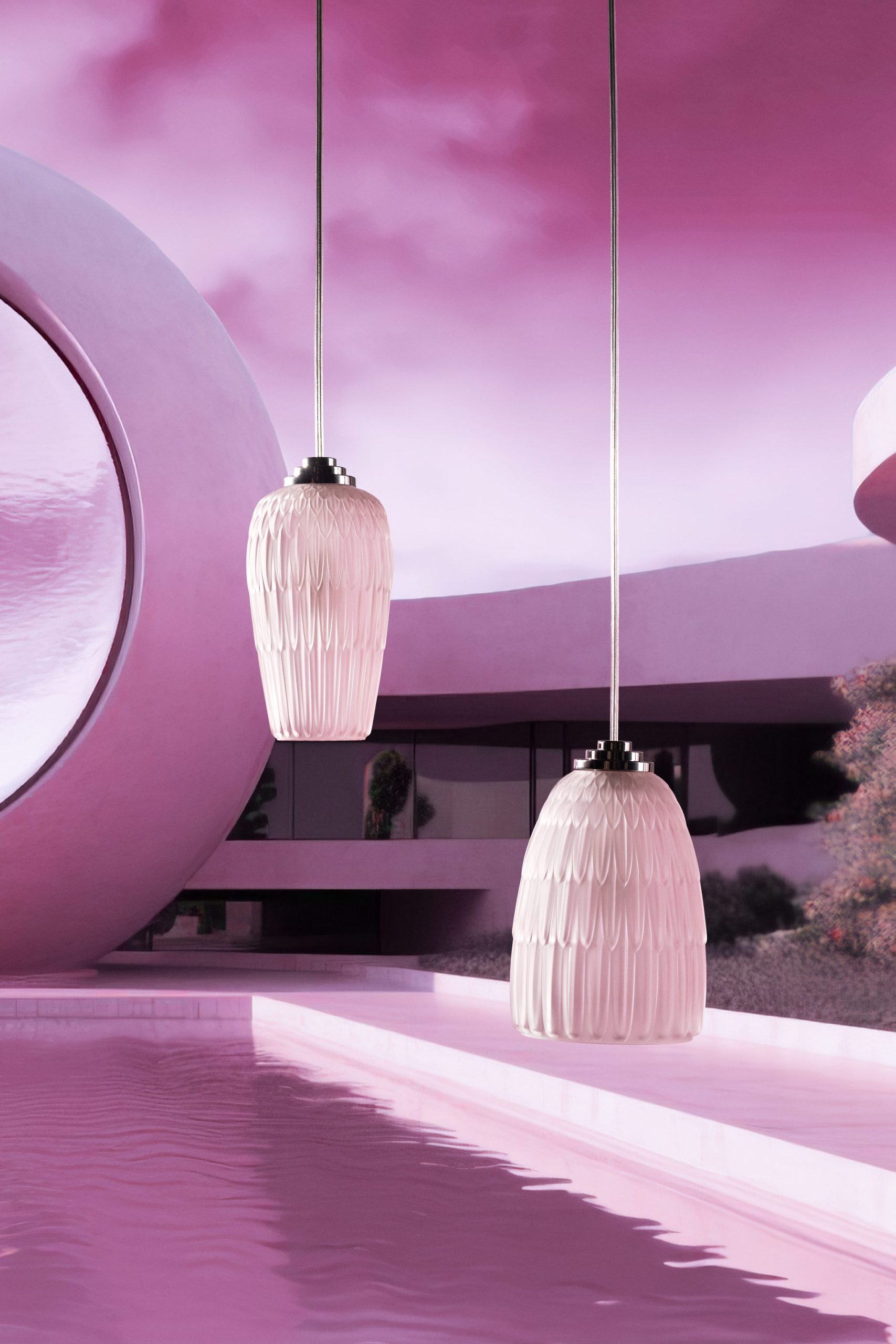 maison lalique iconics rose nebula plumes ceiling lamps, pink luster â©lalique sa 1